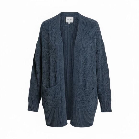 Pink Rose Sweaters - Pink Rose Open Front Cable Knit Pocket Cardigan Sweater Slate Blue Size Small